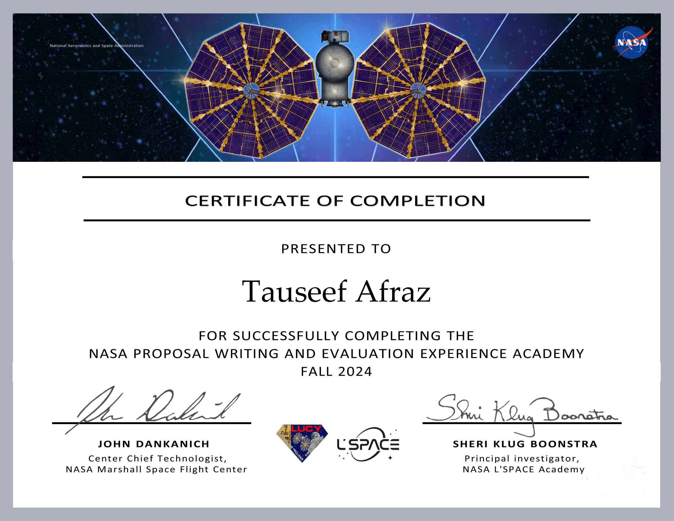 NASA L'SPACE NPWEE certificate